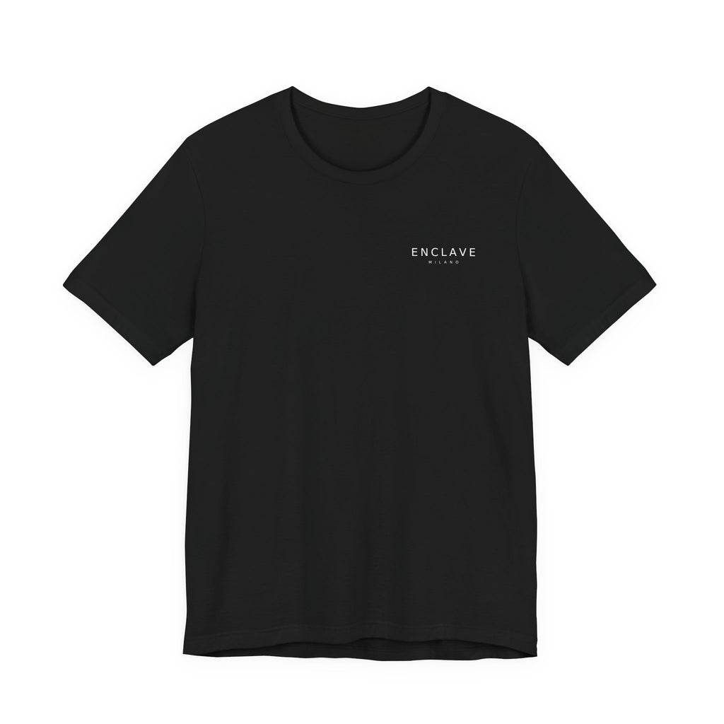ENCLAVE MILANO — Minimalist Emblem T-Shirt | Quiet Luxury Left Chest Logo | Unisex Premium Tee - White & Black