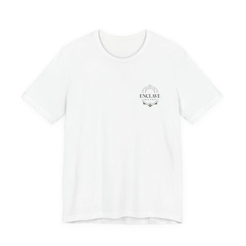 ENCLAVE MILANO — Minimalist Emblem T-Shirt | Quiet Luxury Left Chest Logo | Unisex Premium Tee - White & Black